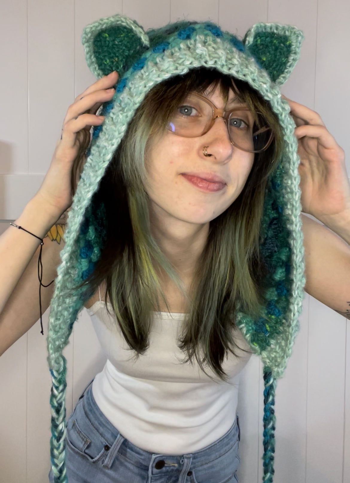 Green/Blue Scrappy Fairy Beary Hood - OOAK